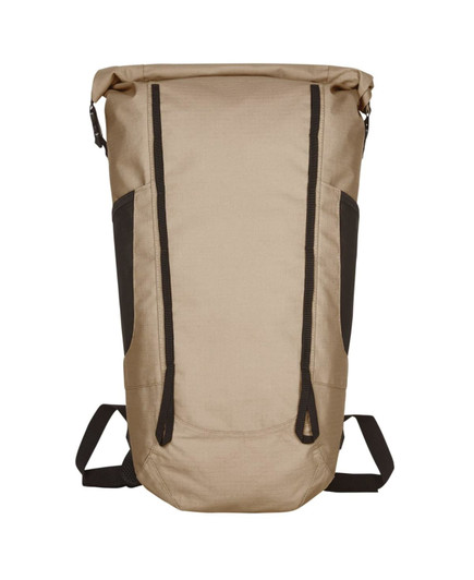 A beige and brown backpack with a roll-top design and side pockets, featuring adjustable shoulder straps.