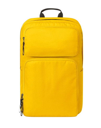 A bright yellow backpack featuring multiple zippers and pockets, with a top handle and a logo.