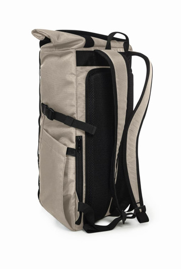 A beige Flex Notebook Backpack with black straps and mesh details, featuring side pockets and a zip closure.