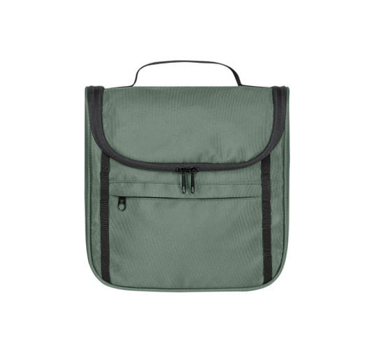 A green toiletry bag with a flap closure, featuring a front zip pocket and a carry handle on top.