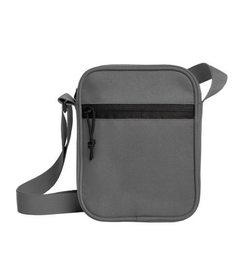 A grey crossbody bag with a front zip pocket and an adjustable strap. It features a logo on the front.