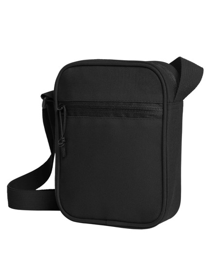 A black bag with a zippered front pocket and an adjustable shoulder strap. It features a logo on the front.
