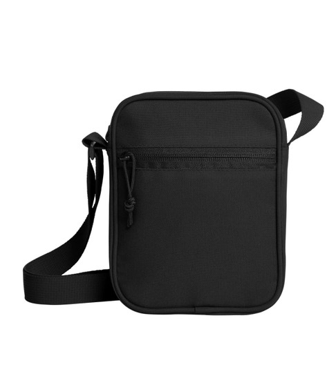 A black crossbody bag with a zippered front pocket and an adjustable strap. It features a simple design and has a logo.