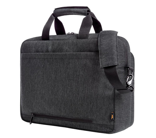A laptop bag in dark grey fabric with dual handles, a detachable strap, and a zip closure, featuring a logo.