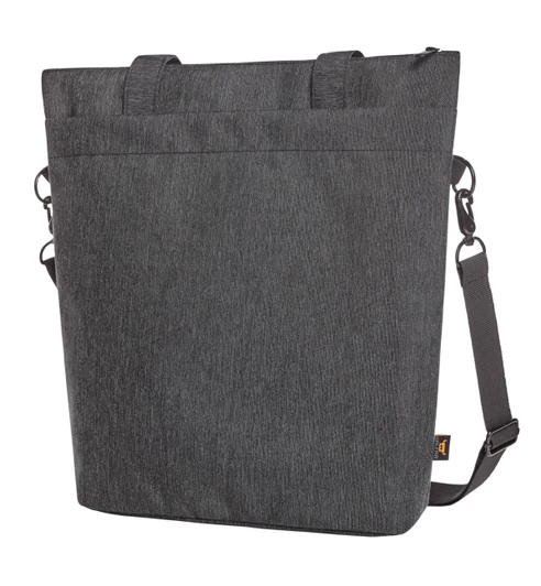 A grey laptop bag with two handles and an adjustable strap, featuring a simple design and a logo.