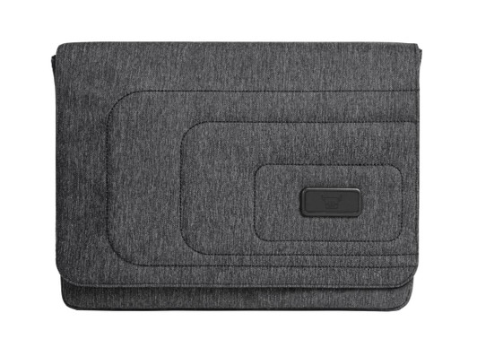A laptop bag in a dark grey fabric featuring subtle textured patterns and a logo badge.