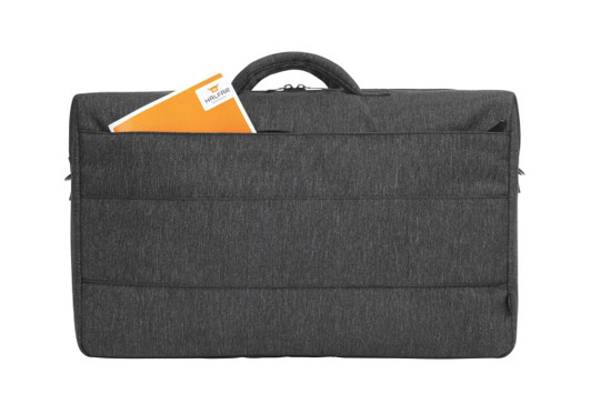 A grey duffle bag with a handle and an orange folder peeking out from a front pocket. The bag has a logo.