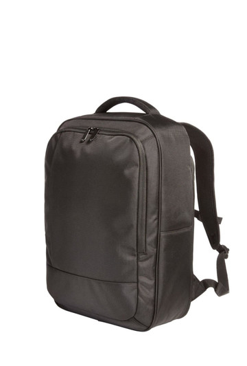 A black laptop backpack with a sleek design, featuring adjustable straps and a front pocket.