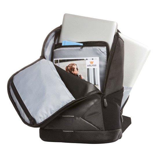 A black laptop backpack with multiple compartments, including space for a laptop and documents. It features a logo.
