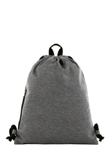 A grey drawstring bag with a black zip pocket and drawcords at the bottom. It has a simple, minimalist design.