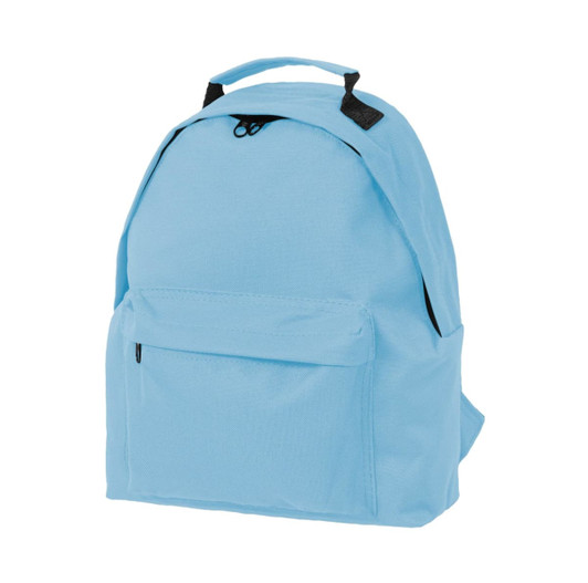 A blue kids backpack with a front pocket and black straps, featuring a handle on top and a simple design.