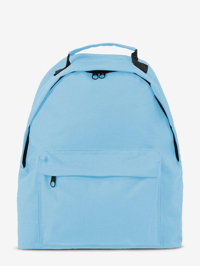 A light blue backpack with a front pocket and a handle on top. It features a simple design and black zippers.