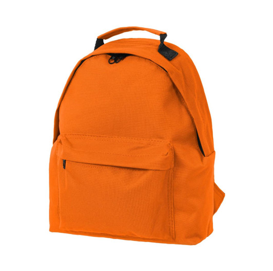 An orange kids backpack featuring a front pocket and a top handle. It has adjustable shoulder straps and a logo.