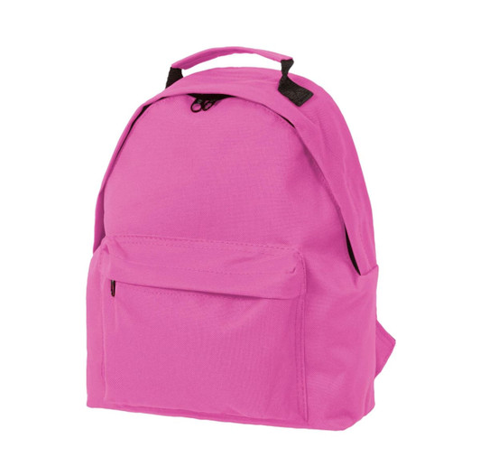 A pink kids backpack with a front pocket and adjustable straps, featuring a logo.