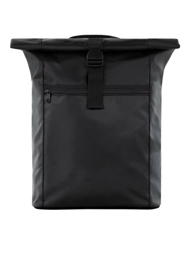 A black Kurier Economy Backpack with a roll-top design and a front zip pocket, featuring a logo.