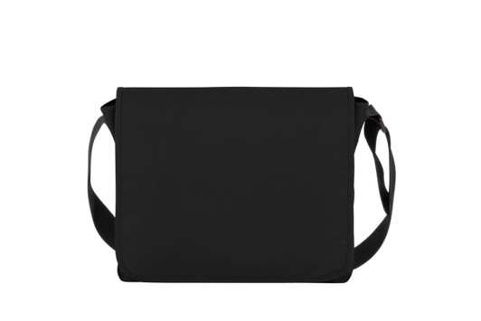 A black Kurier Shoulder Bag with a flat design and adjustable strap, featuring a branding logo.