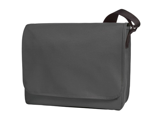 A grey shoulder bag with a flap and adjustable strap, featuring a logo on the front.