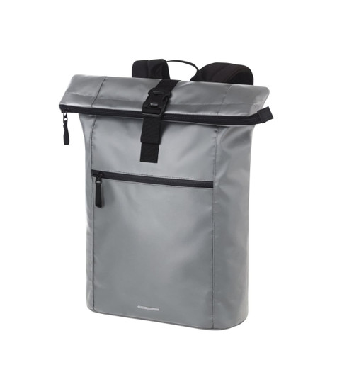 A grey Kurier Notebook Backpack with adjustable straps and a front zip pocket, featuring a minimalist design.