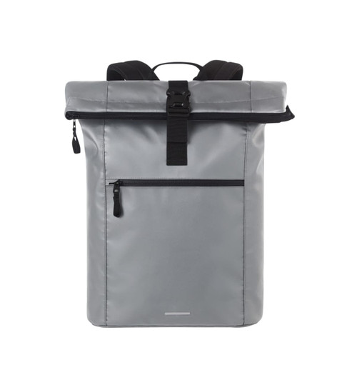 A grey Kurier Notebook Backpack featuring a roll-top closure and a front zip pocket with a logo.