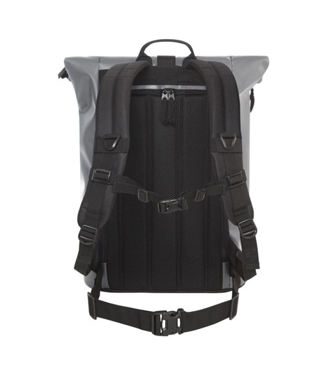 A grey Kurier Notebook Backpack with black straps and a padded back panel. It features adjustable buckles and a logo.