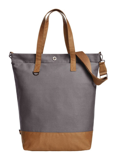 A grey tote bag with tan straps and a bottom panel, featuring a logo on the side.