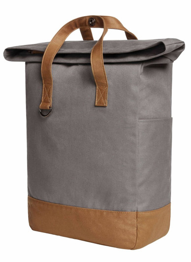 A grey backpack with a tan bottom and handles, featuring a side pocket and a logo.