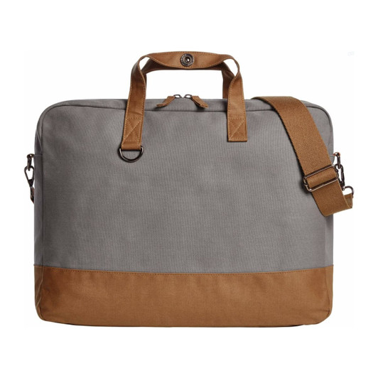A grey laptop bag with a tan bottom and handles, featuring a shoulder strap and a branding logo.