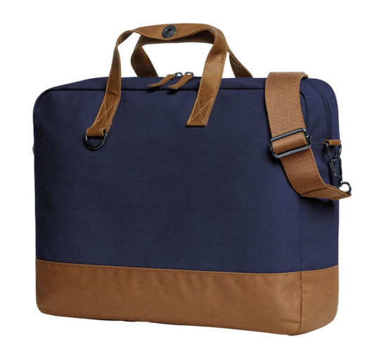 A navy blue laptop bag with brown accents, featuring sturdy handles and a detachable shoulder strap.