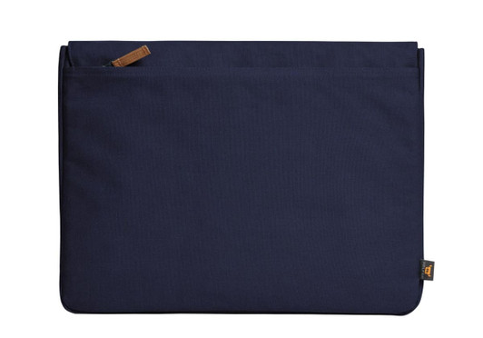 A navy laptop bag with a sleek design and a small logo on one side.