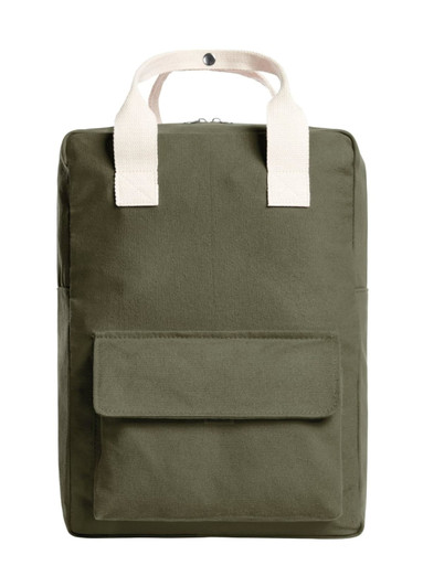 An olive green backpack with two top handles and a front pocket. It features a logo on the front.
