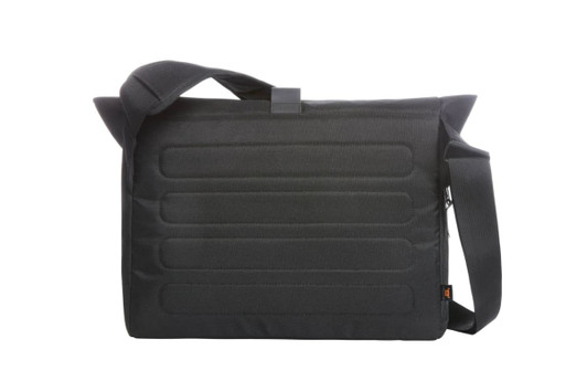 A black laptop bag with a textured surface, featuring a shoulder strap and a logo.