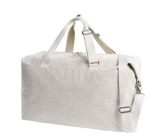 A grey duffle bag with a shoulder strap and handles, featuring a logo on the side.