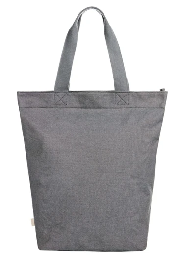 A grey tote bag with two handles and a simple design. The bag features a logo on the side.