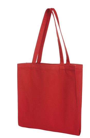 A red tote bag with two handles and a spacious design, featuring a logo on one side.