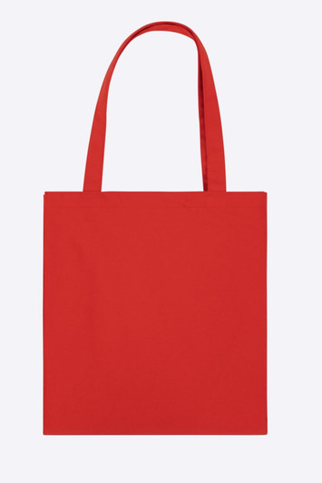 A red tote bag with two handles and a simple design. It features a logo on one side.