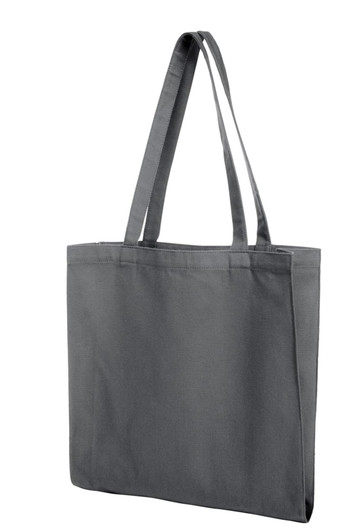A grey tote bag with long handles, featuring a simple design and a branding logo.