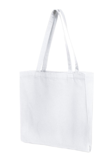 A white tote bag with two sturdy handles and a simple design. It features branding on one side.