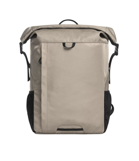 A beige and black backpack with a roll-top closure, featuring adjustable straps and side pockets, also has a logo.