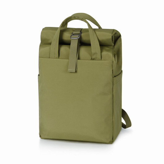 An olive green backpack with a roll-top closure and adjustable strap, featuring a side pocket and a logo.