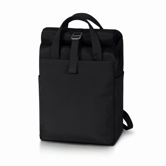A black Metro Backpack features a sleek design with adjustable straps and a front buckle, ideal for everyday use.
