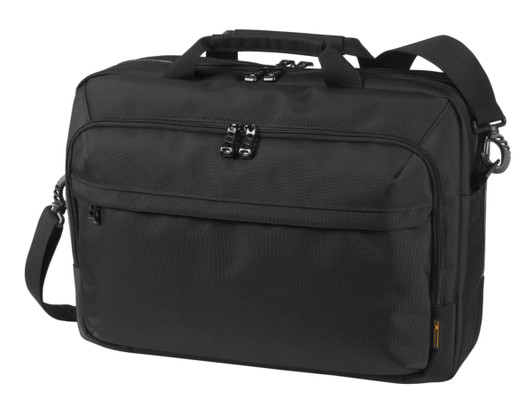 A black laptop bag with a detachable shoulder strap and multiple compartments, featuring a logo on the front.