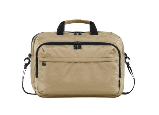 A beige laptop bag features dual handles, a shoulder strap, and multiple zippered compartments. It includes a logo.