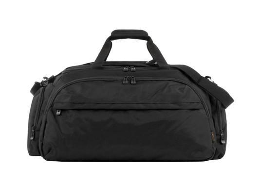 A black duffle bag with dual handles, a shoulder strap, and multiple zippered compartments. It features a logo.
