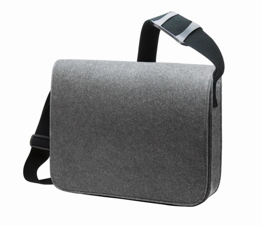 A grey satchel bag featuring a shoulder strap and a clasp, designed for carrying various items. It has a logo.