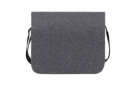 A grey satchel bag made of felt material with a black adjustable strap and a logo on it.