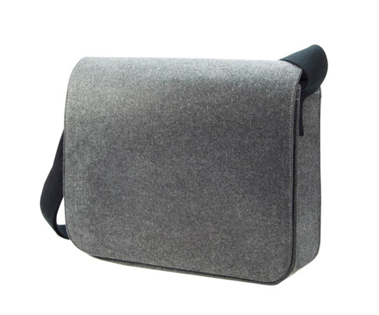 A grey satchel bag with a flap closure and an adjustable strap, featuring a logo on the front.