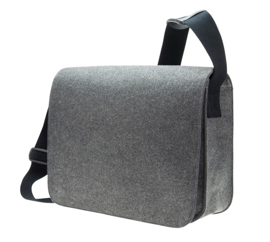 A grey satchel bag with a shoulder strap and a simple design. It features a logo on the front.