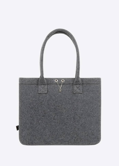 A grey tote bag with two handles and a decorative logo, made from felt material.