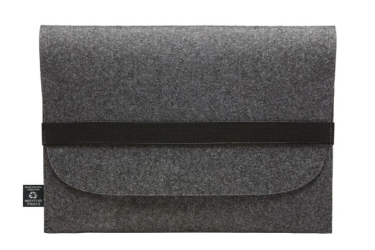A grey felt laptop sleeve with a black strap and logo, designed for protection and style.