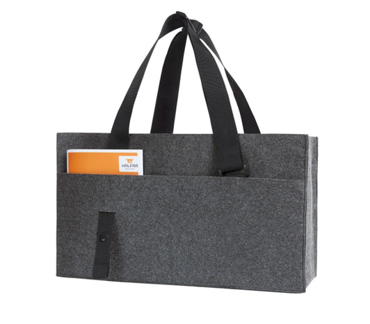 A grey felt organiser bag with two black handles and an external pocket, featuring a logo on the front.
